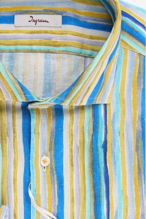 Camicia Uomo Ingram Slim Fantasia 55% lino 45% cotone collo Francese Manica lunga