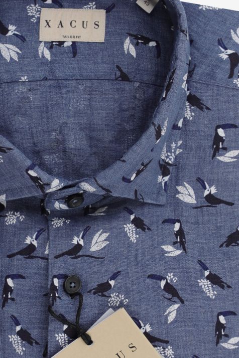 Camicia Uomo Xacus Regular Fantasia 100% lino collo Francese Manica lunga