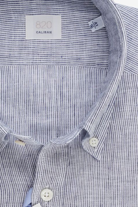 Camicia Uomo Caliban Regular Righe 100% lino collo Button down Manica lunga