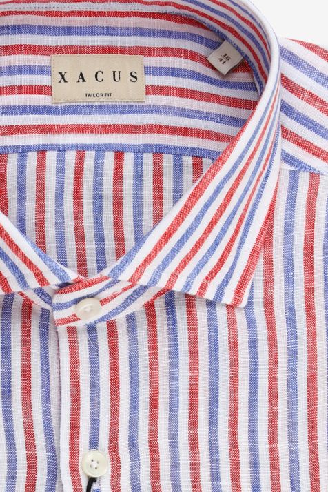Camicia Uomo Xacus Regular Righe 100% lino collo Francese Manica lunga