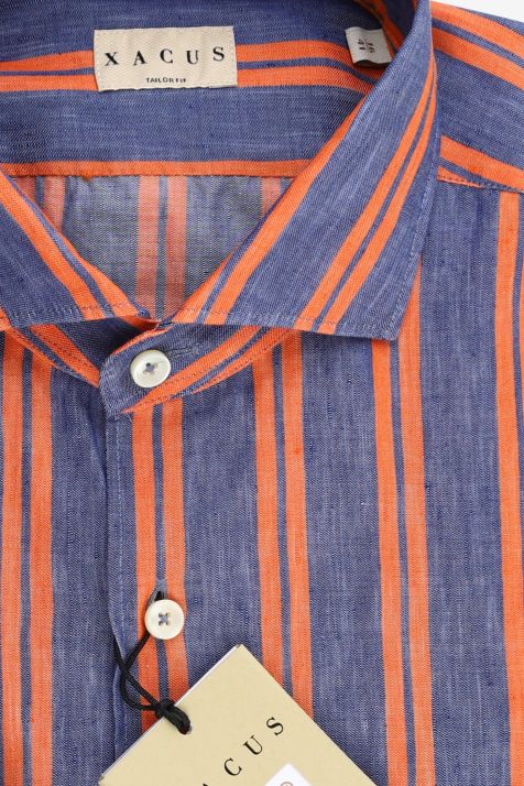 Camicia Uomo Xacus Regular Righe 68% cotone 32% lino  collo Francese Manica lunga