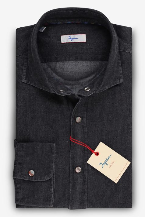 Camicia Uomo Ingram Slim Tinta unita 100% cotone Denim Jeans collo Francese Manica lunga