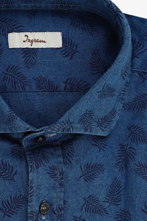 Camicia Uomo Ingram Slim Fantasia 100% lino collo Francese Manica lunga