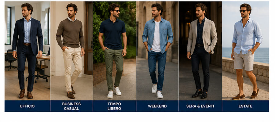 Guida agli abbinamenti dei pantaloni uomo per ufficio, business casual, tempo libero, weekend, sera ed estate