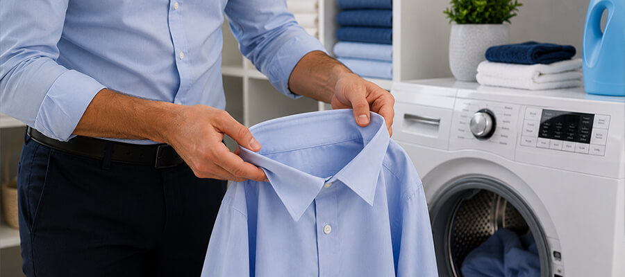 Uomo che controlla una camicia azzurra prima del lavaggio
