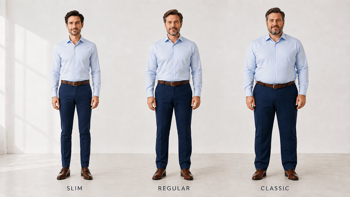 Confronto tra pantaloni uomo Slim, Regular e Classic Fit su tre corporature diverse