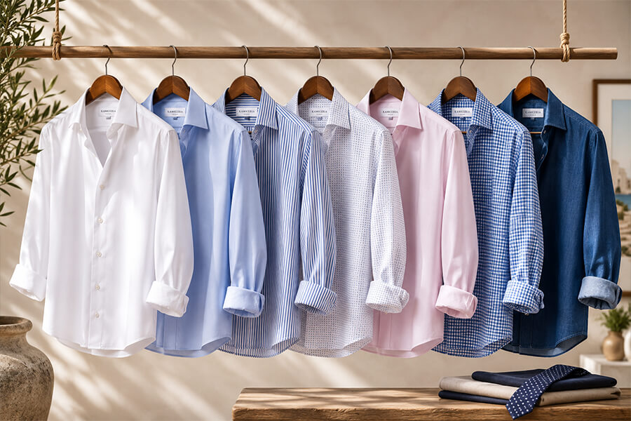 Sette camicie da uomo per ogni occasione Sette camicie da uomo appese su uno stendino in un ambiente elegante