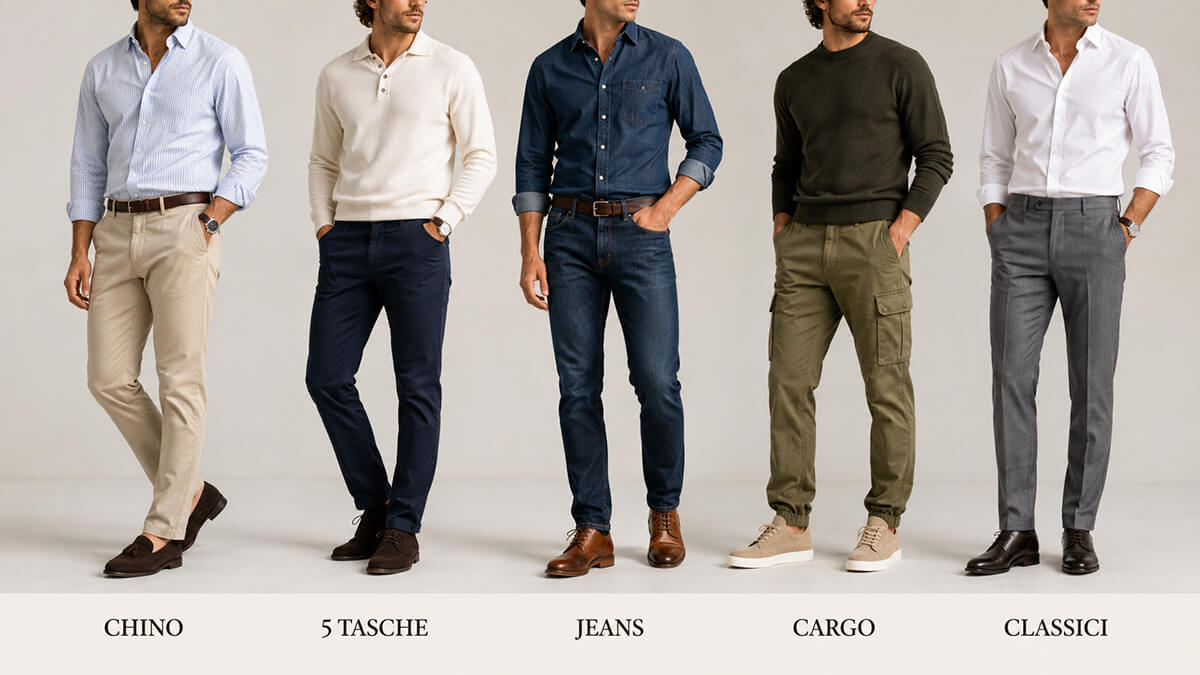Confronto tra pantaloni uomo chino, 5 tasche, jeans, cargo e classici