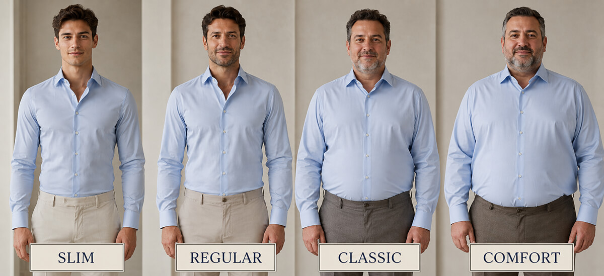 Confronto realistico tra vestibilità camicia Slim Regular Classic e Comfort